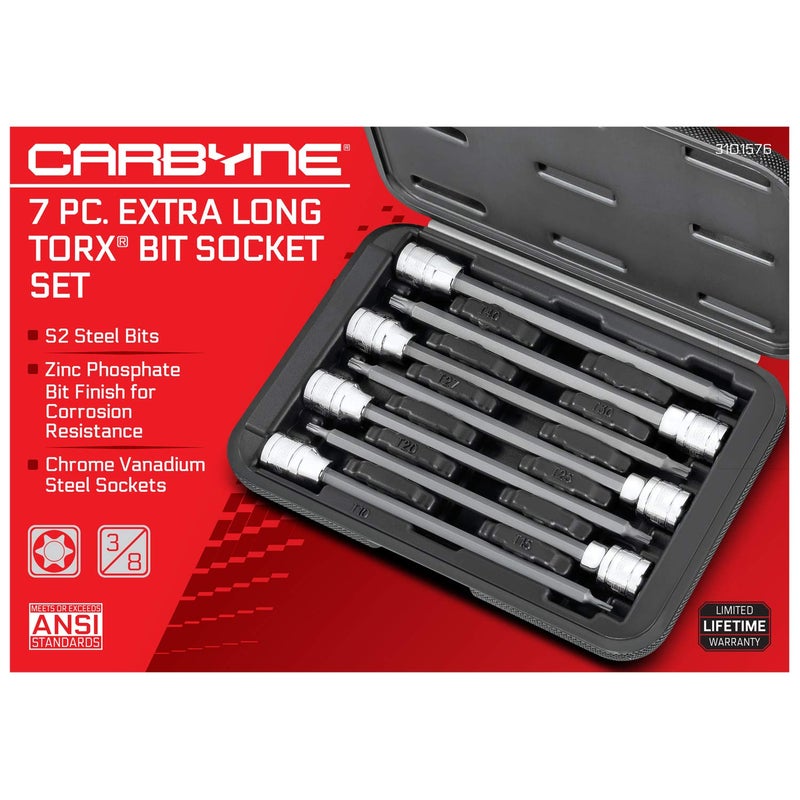 CARBYNE 7-Piece Torx Extra Long Bit Socket Set, T10 to T40 Sizes, 3/8 in. Drive, S2 Steel Bits, CrV Sockets â€¢ From a Family-Run Tool Company Based in the U.S.A. - Image 2